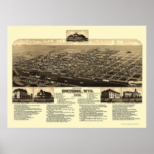 Póster Cheyenne, mapa panorámico de WY - 1882