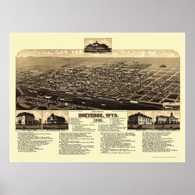 Póster Cheyenne, Mapa Panorámico WY - 1882 (Frente)