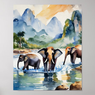 Póster Chiang Mai Tailandia Elefante acuarela