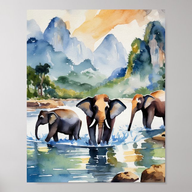 Póster Chiang Mai Tailandia Elefante acuarela (Frente)