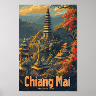 Póster Chiang Mai Tailandia Ilustración de viaje vintage