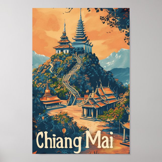 Póster Chiang Mai Tailandia Ilustracion de Viajes Vintage (Frente)