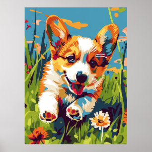 Póster Chibi Adorable Corgi Puppy corriendo en Garden Pos
