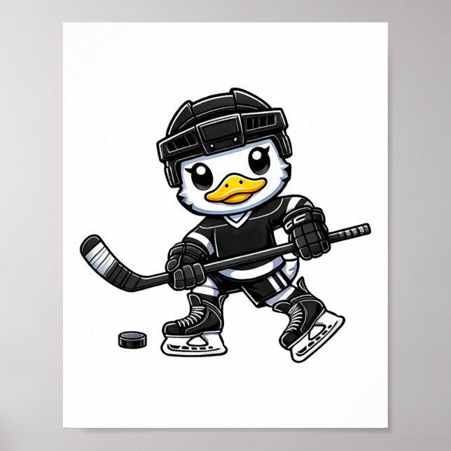 Póster Chibi Duck Playing Ice Hockey Cute Design  (Frente)