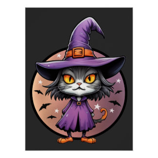 Póster Chibi Halloween Witch Cat
