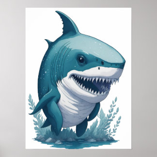 Póster Chibi Kawaii Shark en estilo acuarela