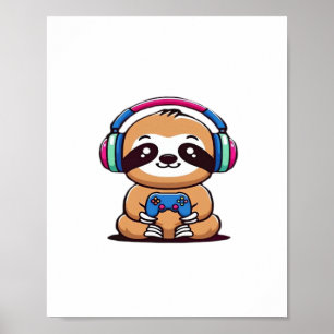 Póster Chibi Kawaii Sloth Gamer - Animal gracioso con