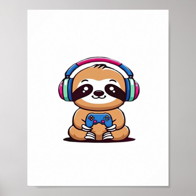 Póster Chibi Kawaii Sloth Gamer - Animal gracioso con (Frente)