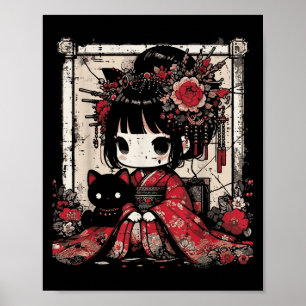 Póster Chibi Kimono Chica Flores de gato negro Art japoné