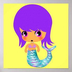 Póster chibi mágico sirena pelo púrpura