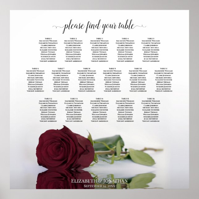 Póster Chic 16 Table Burgundy Rose Wedding Seating Chart (Frente)