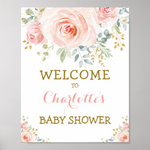 Póster Chic Aquarela Floral Rosa Pálido Dorado Baby Showe