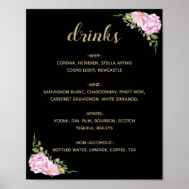 Póster Chic Black Pink Roses Drinks Menu