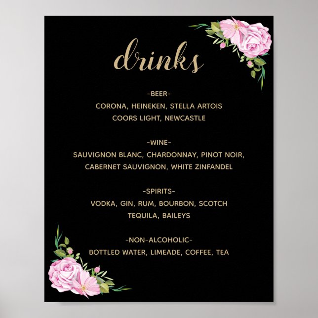 Póster Chic Black Pink Roses Drinks Menu (Frente)
