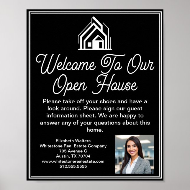 Póster Chic Black Real Estate Company Open House Welcome (Frente)