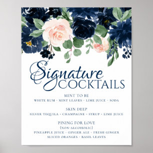 Póster Chic Blooms   Bebidas Destacadas Azul Marino y Rub