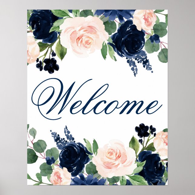 Póster Chic Blooms | Navy Blue and Blush Pink Welcome (Frente)