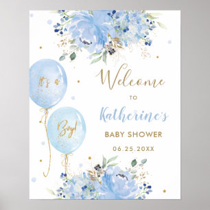 Póster Chic Blue Balloons Floral Boy Baby Shower Welcome