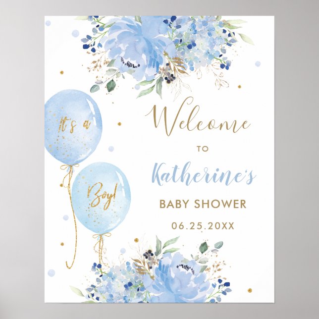 Póster Chic Blue Balloons Floral Boy Baby Shower Welcome (Frente)