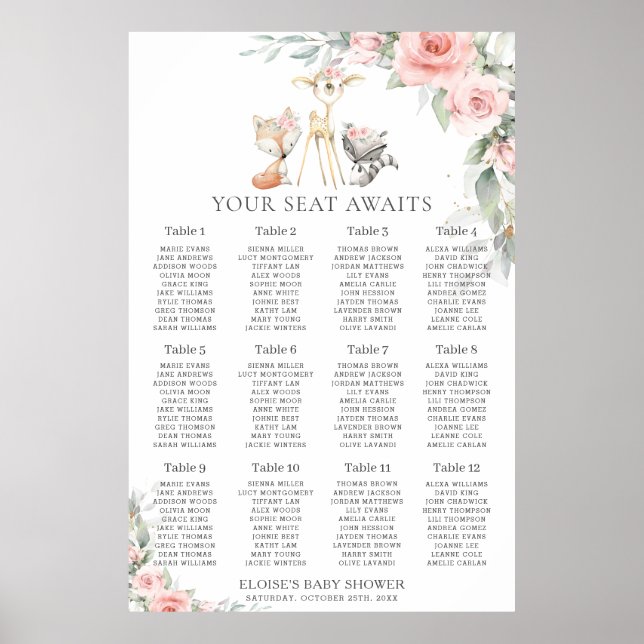 Póster Chic Blush Floral Woodland Greenery Seating Chart (Frente)