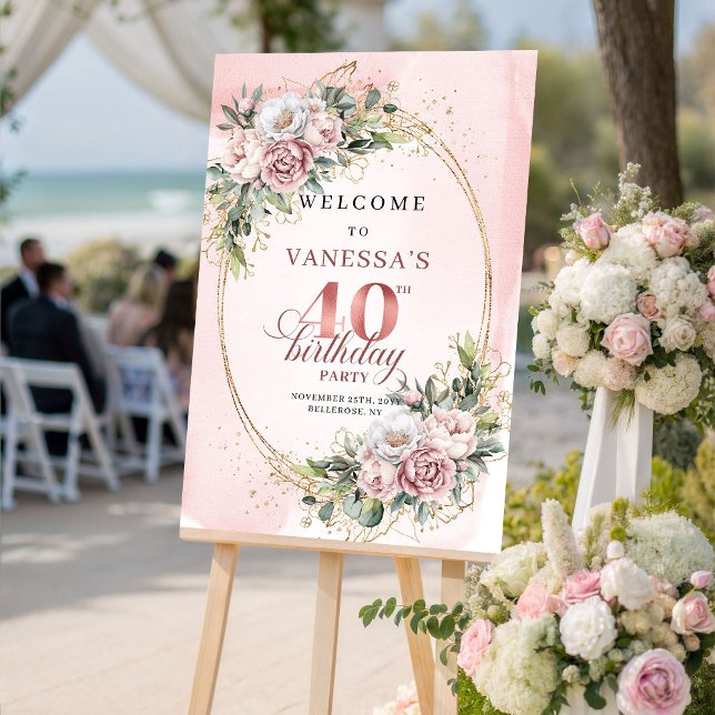 Póster Chic Boho Dusty Pink Floral 40th Birthday Welcome (Chic Boho Dusty Pink Floral 40th Birthday Welcome)