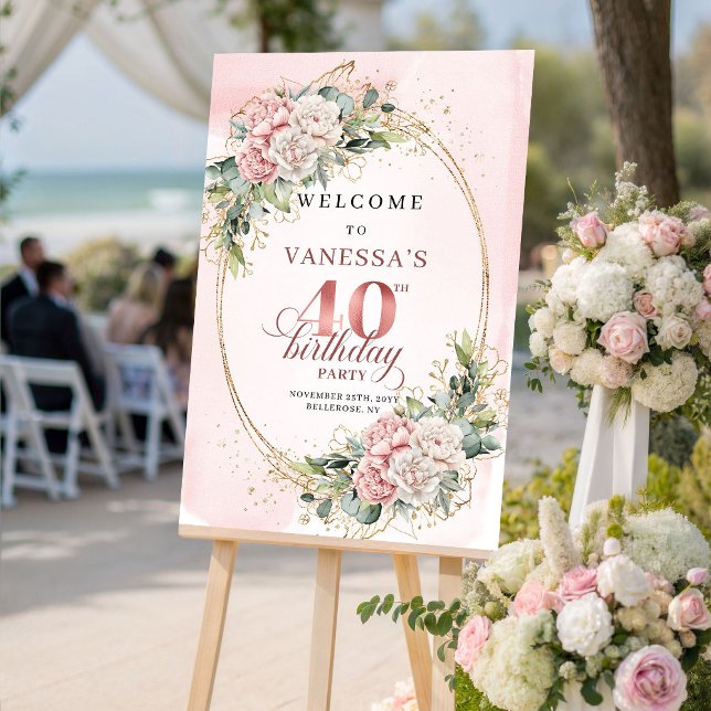 Póster Chic Boho Rubor Rosa Eucalipto Cumpleaños 40 Bienv (Chic Boho Blush Pink Eucalyptus 40th Birthday Welcome)
