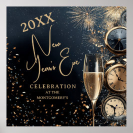 Póster Chic Champagne and Clocks New Year's Eve Party