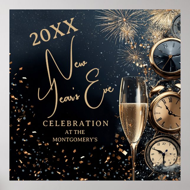Póster Chic Champagne and Clocks New Year's Eve Party (Frente)