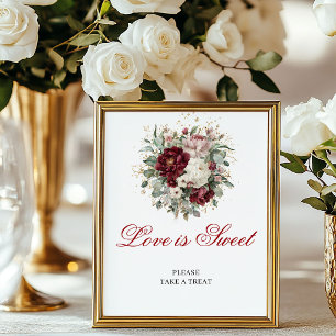 Póster Chic Floral Amor es Dulce Rubor Borgoña Mesa