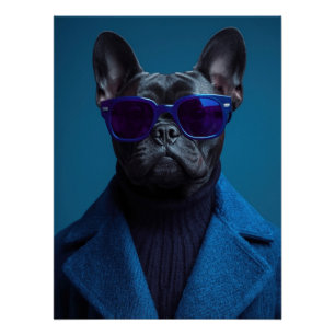 Póster Chic French Bulldog Portrait in Deep Blue and Viol