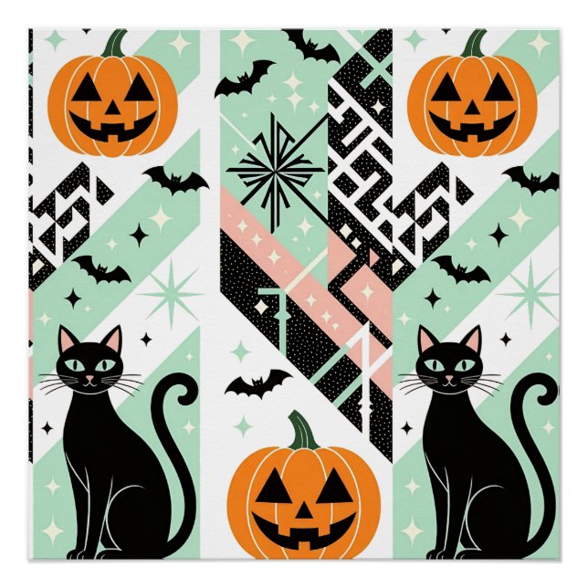 Póster Chic Geometric Pastel Black Cat Pumpkin Halloween (Anverso)