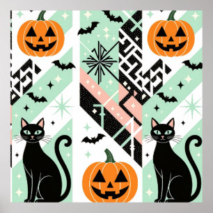 Póster Chic Geometric Pastel Black Cat Pumpkin Halloween