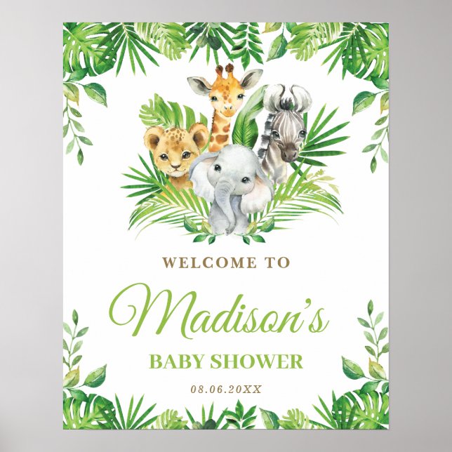 Póster Chic Jungle Animals Greenery Baby Shower Welcome (Frente)