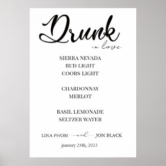 Póster Chic Minimalist Wedding Cocktail Bar Menu Poster