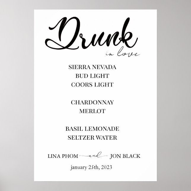 Póster Chic Minimalist Wedding Cocktail Bar Menu Poster (Frente)