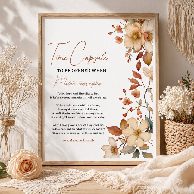 Póster Chic Moderno Cumpleaños 1 año Niña Flores Silvestr (Modern Chic Wildflower 1st Birthday Girl Poster)