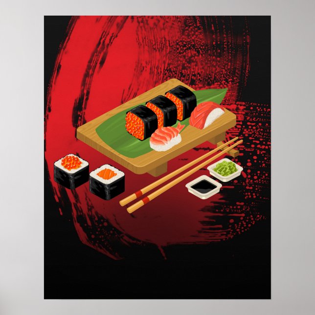 Póster Chic Moderno Elegante Sushi Negro y Rojo (Frente)