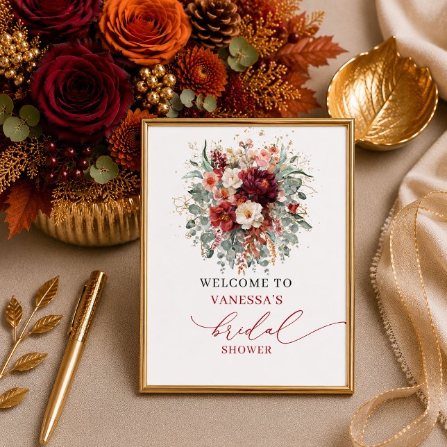 Póster Chic otoño terracota boho despedida de soltera mes (Chic fall terracotta boho bridal shower tabletop sign

)