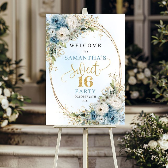 Póster Chic Pastel Azul Verdor Sweet 16 (Chic Pastel Blue Greenery Sweet 16 Poster)