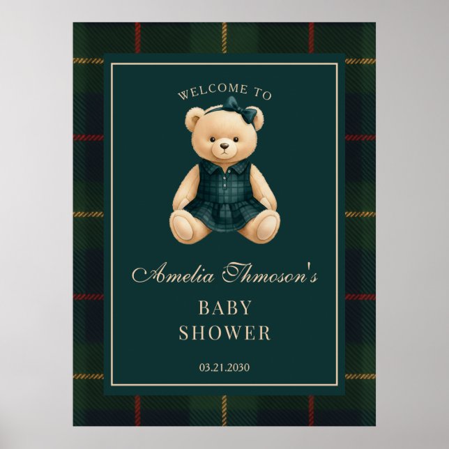 Póster Chic Preppy Teddy Bear Baby Shower Welcome  (Frente)