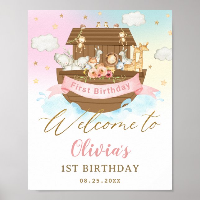 Póster Chic Rainbow Noah's Ark Girl 1st Birthday Welcome (Frente)