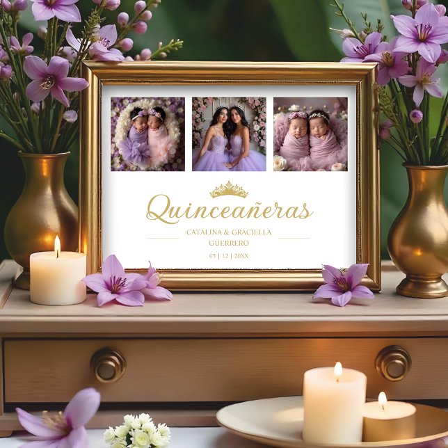 Póster Chic Romantic Then & Now 3-Photo Twins Quinceañera (Spanish Chic Romantic Then & Now 3-Photo Twins Double Quinceañeras Celebration Faux Golden Posters)