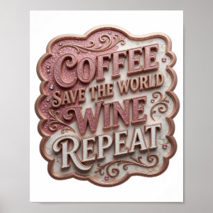 Póster Chic Rosa CAFÉ SALVA EL MUNDO VINO REPITE