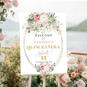 Póster Chic rubor floral dorado pastel quinceañera bienve