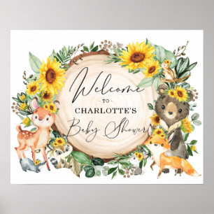 Póster Chic Sunflower Woodland Forest Baby Shower Welcome
