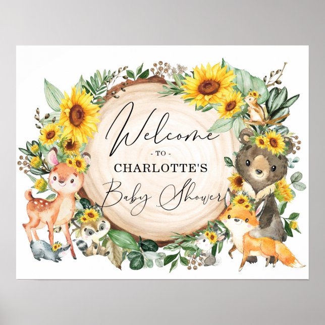Póster Chic Sunflower Woodland Forest Baby Shower Welcome (Frente)