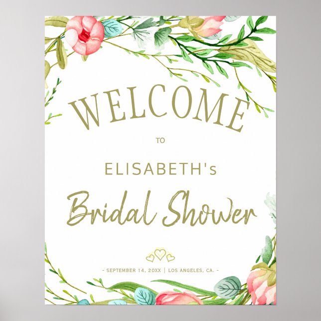 Póster Chic watercolor floral bridal shower welcome sign (Frente)