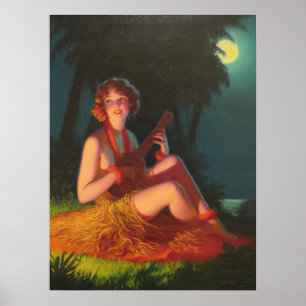 Póster Chica a la luz de la luna con Banjo Ukelele