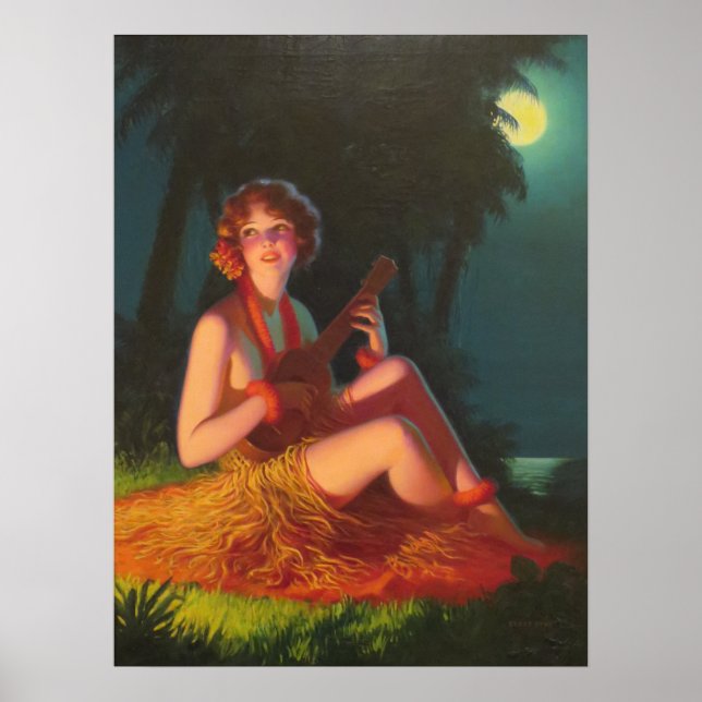 Póster Chica a la luz de la luna con Banjo Ukelele (Frente)