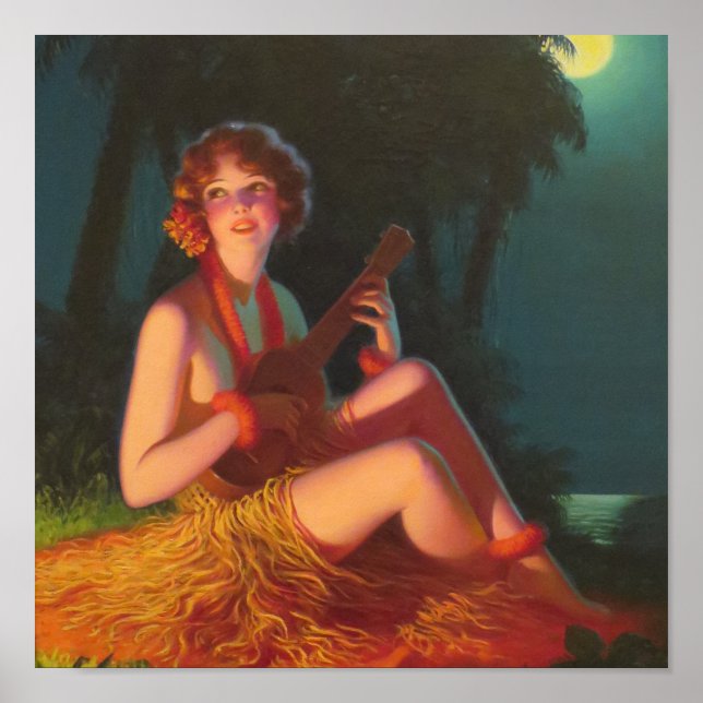 Póster Chica a la luz de la luna con Banjo Ukulele (Frente)